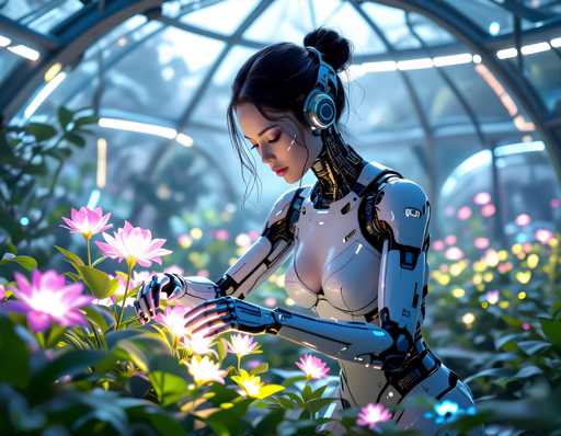 A woman with long dark hair is bending over and picking flowers from a garden filled with pink and purple flowers. She is wearing a white bodysuit that appears to be made of metal or plastic, giving her an futuristic appearance. The background features a large glass dome structure, which adds depth to the scene and enhances the overall aesthetic appeal.