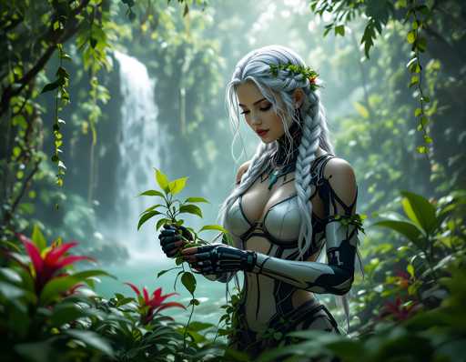 A woman with long blonde hair and a white bodysuit is standing in front of a waterfall surrounded by lush green foliage. She holds a small plant in her hand.