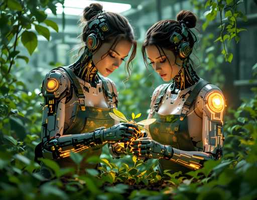 The image depicts two women with futuristic robot-like bodies and hair, wearing headphones and holding a plant between their hands. The background is filled with green foliage, creating an immersive environment that emphasizes the technological theme of the scene.