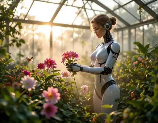 A woman dressed as a robot stands in front of a greenhouse filled with pink and white flowers, holding a single flower in her hand.