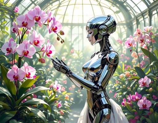 A silver robot stands in front of a greenhouse filled with pink flowers and green plants. The robot is wearing a white dress and has a headset on its head.