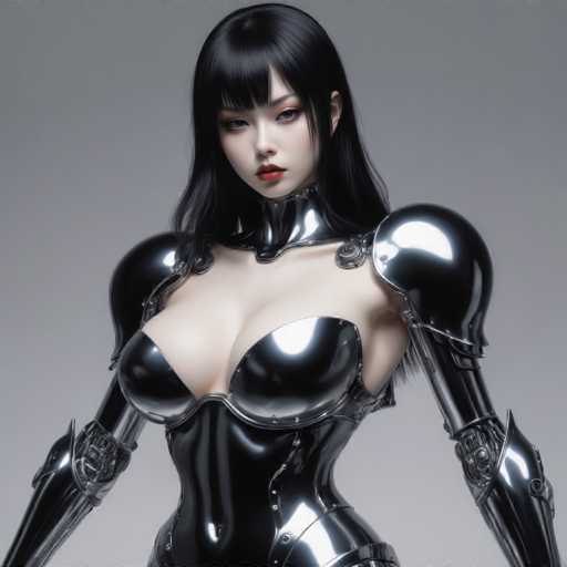 The image shows a close-up portrait of a woman with long dark hair and striking red lips wearing a futuristic metallic bodysuit that appears to be made of metal or some other shiny material. The background is a plain gray color, which contrasts with the woman's outfit and accentuates her features.