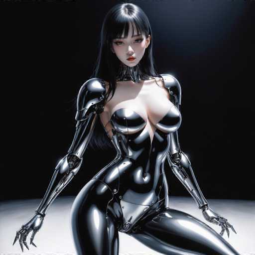 The image shows a woman depicted as a robot with metallic silver skin and arms. She is wearing a tight-fitting black bodysuit that accentuates her curves. The background of the image is dark, which contrasts with the woman's silver appearance and highlights her form.