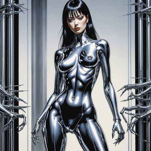 The image depicts a woman with long dark hair and a metallic body suit standing in front of a black background adorned with silver pipes and columns. The woman is positioned centrally within the frame, facing towards the right side of the image.