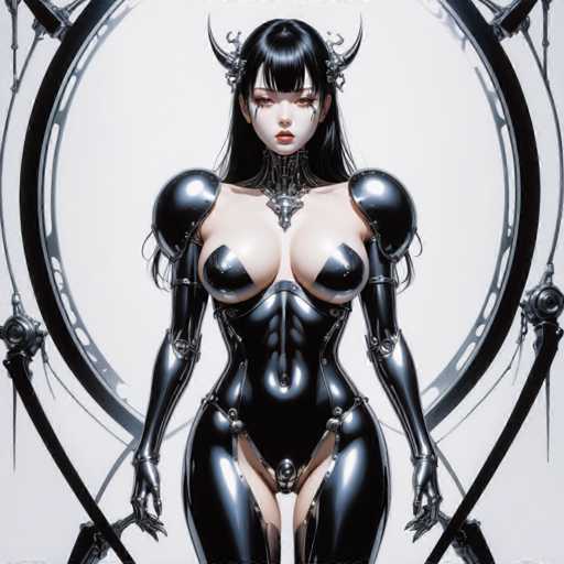 The image depicts a woman with long dark hair and large horns wearing a black bodysuit that covers her entire body except for the head area. She is standing against a stark white background, which contrasts sharply with her dark attire. The woman's pose suggests she is in a powerful or commanding position, possibly as a leader or ruler.