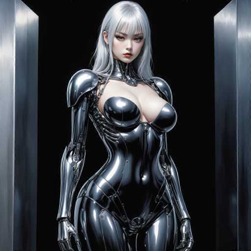 A woman with blonde hair and a metallic bodysuit stands against a black background, facing the camera directly.