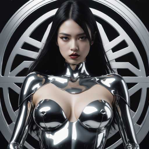 A woman with long black hair and dark makeup stands against a stark black background featuring a circular pattern of silver lines.