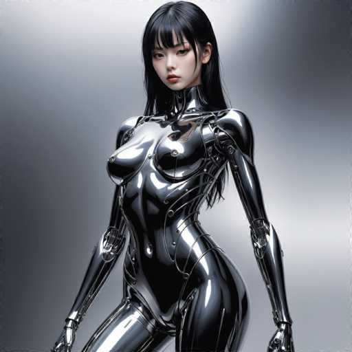 A woman is depicted wearing a silver bodysuit with arms and legs extended outwards against a gray background.