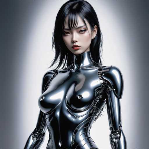 A woman with long dark hair and a metallic body suit stands against a gray background.