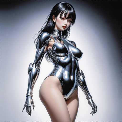 The image shows a woman with long dark hair and large breasts wearing a metallic bodysuit that appears to be made of metal or silver. She is standing against a gray background, which contrasts with her outfit. The woman's pose suggests she is posing for the photo.