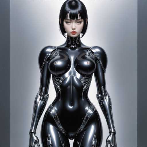 The image shows a close-up view of a woman wearing a futuristic black bodysuit with silver accents and metallic arms. The woman has short hair and is standing against a gray background.