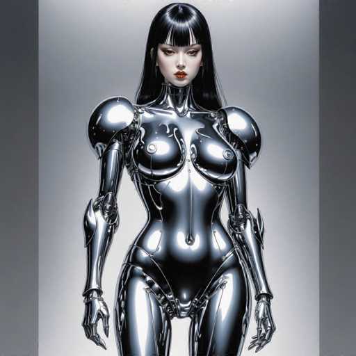 The image shows a woman depicted as a robot with long black hair and dark makeup. She is wearing a silver bodysuit that covers her entire body, including her arms and legs. The background of the image is a plain gray color, which contrasts with the metallic sheen of the robot's suit.