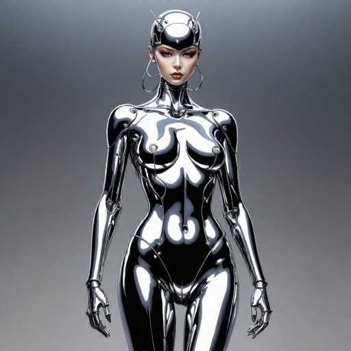 A woman is standing against a gray background wearing a silver metallic bodysuit with arms and legs extended outwards. She has a red headband on her head and earrings adorning her ears.