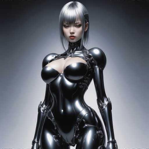 A woman with short blonde hair and a metallic body suit stands against a black background, looking directly at the camera with an intense gaze.