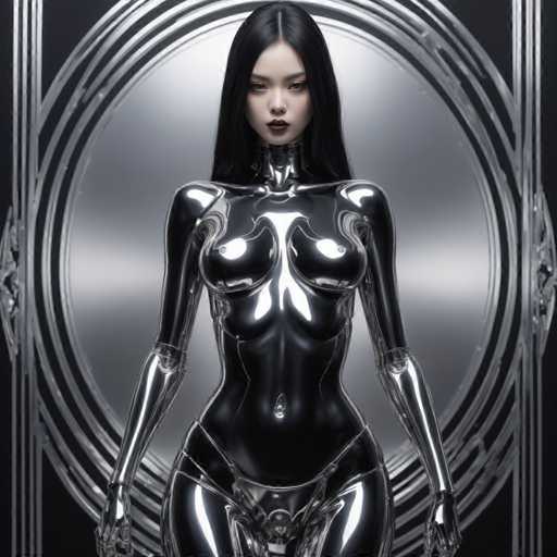 A woman with long black hair and a metallic body suit stands in front of a circular mirror, her arms crossed over her chest.