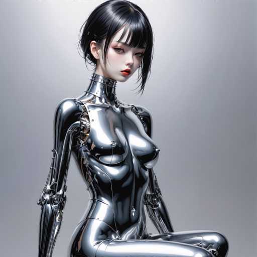 A woman with black hair and a metallic silver bodysuit is the central figure in this digital illustration. The background is a stark white color that contrasts sharply with her dark hair and the metallic sheen of her outfit. She is seated on a chair, facing the camera directly.