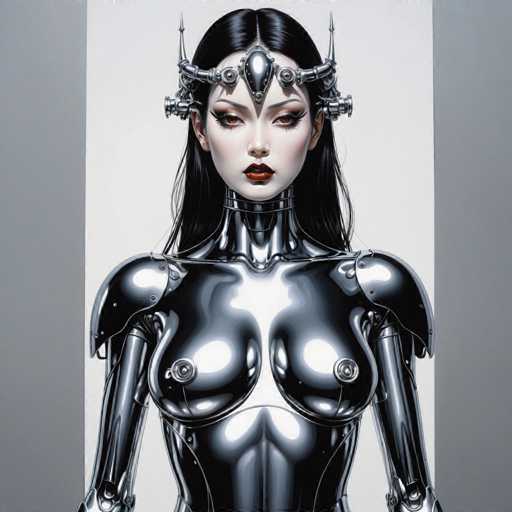 The image depicts a woman with long dark hair wearing a silver bodysuit that features large metal arms and legs. The woman is standing against a white background, which contrasts with her metallic appearance. She has striking red lips and eyes, adding a pop of color to the scene.
