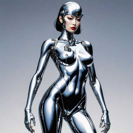 A woman with short hair and a black helmet stands against a gray background, wearing a silver bodysuit that reflects light.