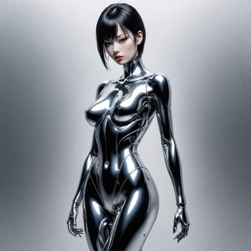 A woman with black hair and a metallic silver bodysuit stands against a gray background, her gaze directed straight at the camera.