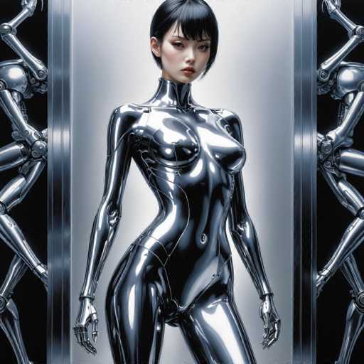 The image shows a woman wearing a silver bodysuit with arms and legs extended outwards against a black background. The woman is positioned centrally within the frame, facing towards the right side of the image. In the background on the left side, there are three robots in metallic silver color that appear to be reaching out at her from different angles.