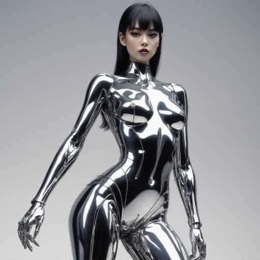 A woman is standing against a gray background wearing a silver metallic bodysuit that has a cutout on the chest area and arms with long hair.