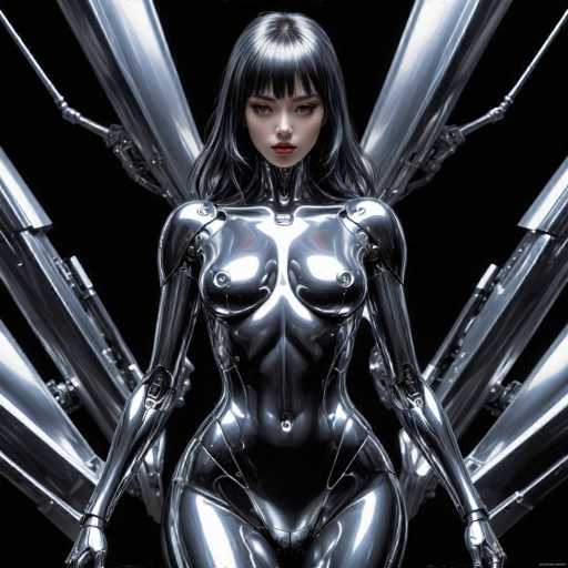 The image depicts a woman with long dark hair wearing a silver bodysuit that covers her entire body and features large metallic arms extending outwards from the shoulders down to the feet. The background is black, providing a stark contrast to the woman's metallic appearance.