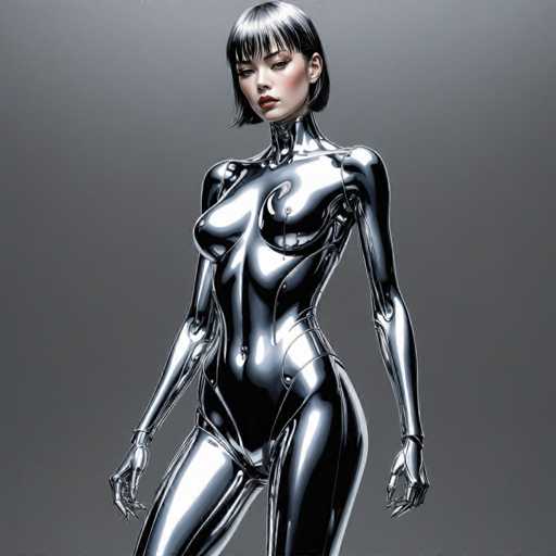 A woman with short hair and a metallic body suit stands against a gray background.