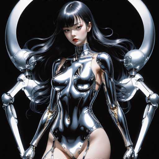The image depicts a woman with long dark hair wearing a metallic bodysuit and holding two large silver rings on either side of her head. The background is black, creating a stark contrast that highlights the woman's features.