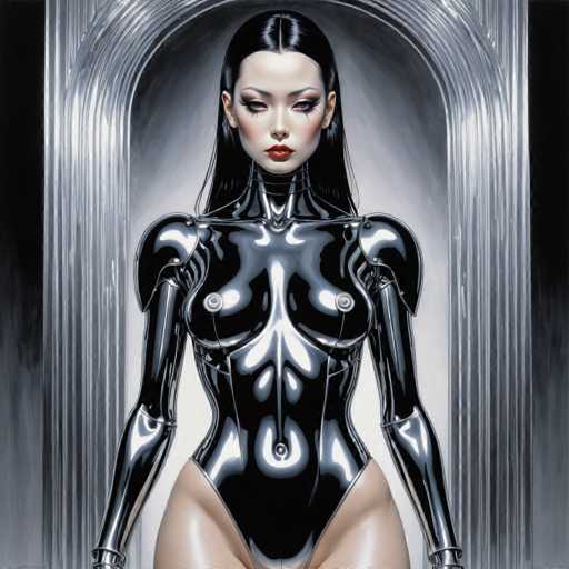 The image depicts a woman wearing a metallic bodysuit with arms and legs extended outwards against a black background. The woman has long dark hair and is looking directly at the camera.