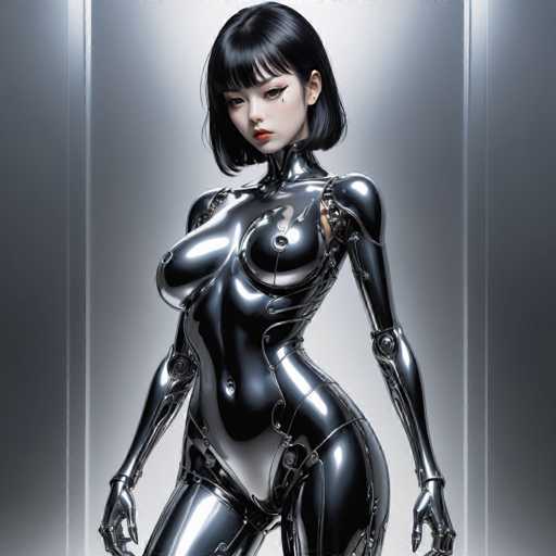 A woman with black hair and a metallic body suit stands against a gray background, her arms crossed over her chest.