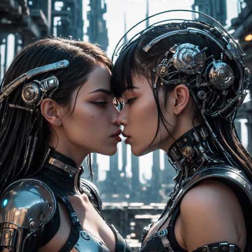 The image shows two women with long hair and futuristic headgear standing side by side against a backdrop of industrial buildings. The woman on the left is wearing a silver helmet with a large antennae, while the woman on the right has a helmet adorned with multiple gears and wires. Both women are looking directly at each other, their eyes locked in an intense gaze.