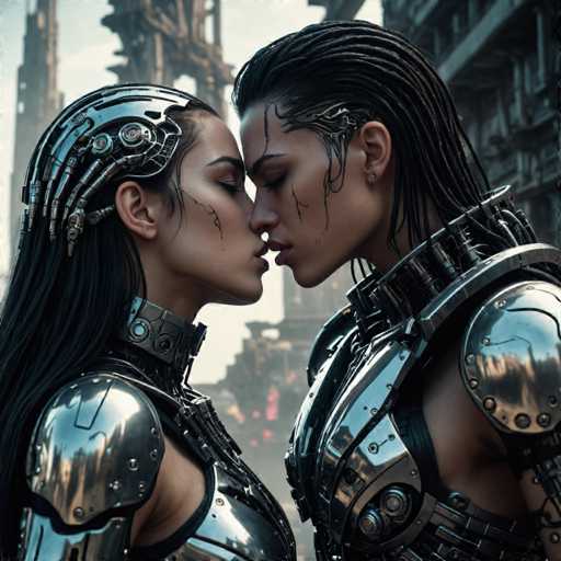 The image shows two individuals dressed in futuristic armor standing close together and kissing passionately. The person on the left is wearing a silver suit with intricate designs, while the individual on the right has a more streamlined design. They are positioned against an urban backdrop of buildings and cars, suggesting that they might be in a city or industrial area.