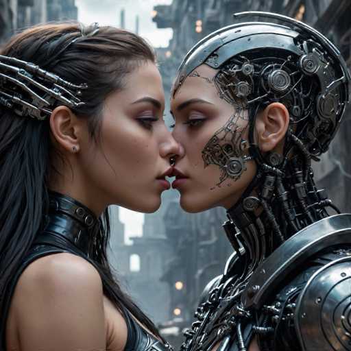 The image shows two women with long hair and metallic armor kissing each other on the lips. The woman on the left is wearing a black leather outfit, while the woman on the right has a silver metal suit. They are standing in front of an urban backdrop that includes buildings and streetlights.