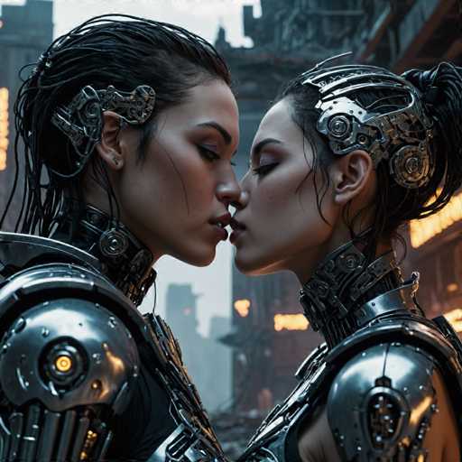 The image shows two women dressed in futuristic armor standing side by side and facing each other with their lips close together, suggesting a moment of connection or intimacy. The background is blurred, but it appears to be an urban setting with buildings and lights, indicating that the scene might be taking place in a city at night.
There are no texts present in the image.
