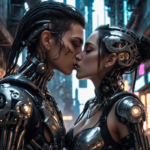 The image depicts two individuals dressed in futuristic metallic armor and clothing, standing close together with their lips touching in a tender kiss. The background shows an urban cityscape with buildings illuminated by neon lights against the dark sky.