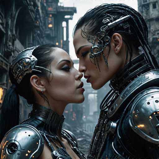 A woman with long hair and a metallic headdress stands next to a man wearing a metallic suit and helmet.