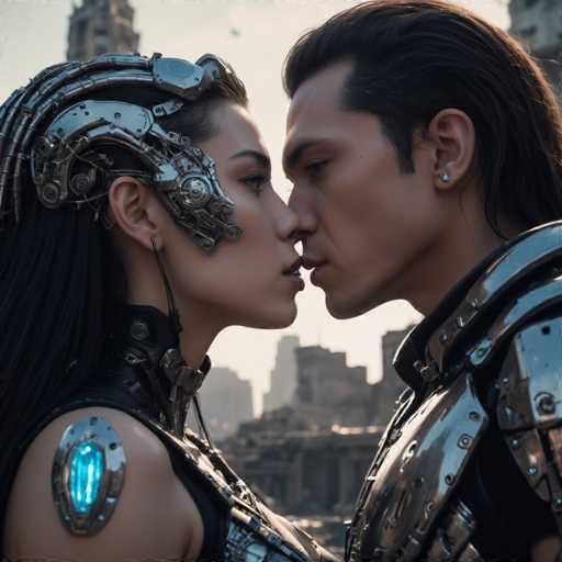 A couple dressed in futuristic armor stands in front of a cityscape with buildings and trees. The man is wearing a silver suit with a helmet on his head, while the woman has a metallic headdress that covers her entire head. They are facing each other, their lips almost touching as they share an intimate moment.