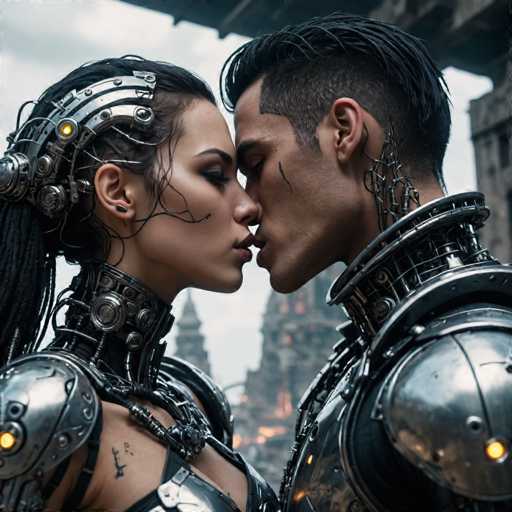 A man and woman dressed in futuristic armor stand close together on a bridge overlooking an urban landscape. The man is wearing a metallic suit with intricate designs, while the woman has a more streamlined suit that blends into the background. They are positioned so as to be facing each other, their gazes locked in a moment of intense connection.