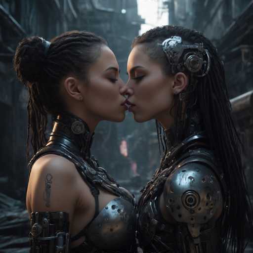 The image shows two women with dreadlocks and metallic armor standing side by side on a dilapidated street. The woman on the left is wearing a black leather outfit that includes a headdress, while her companion on the right has a similar attire but with a different headdress. Both women are facing each other, their mouths open in an intimate gesture of kissing or sharing a secret.