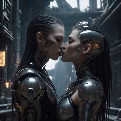 The image depicts two individuals with long hair and metallic armor kissing passionately on a bridge or walkway. The person on the left is wearing a silver suit of armor, while the individual on the right has dreadlocks and is dressed in black.