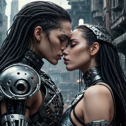 The image shows two individuals with long dreadlocks and metallic armor standing close together on a city street. The person on the left is wearing a silver suit with a large camera attached to it, while the individual on the right has a crown on their head.
