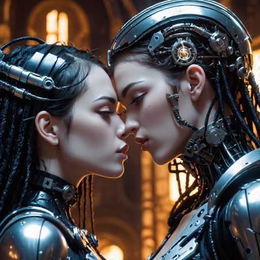 The image shows two women with long hair and metallic armor standing close together against a dark background. The woman on the left is wearing a silver helmet with a large headband, while the woman on the right has a similar helmet but without any visible headband. They are positioned in front of a building that appears to be made of metal or steel, suggesting an industrial setting.