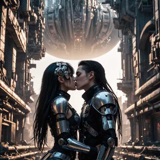 A couple dressed in futuristic armor stands in a cityscape with tall buildings and a large spaceship in the background. The man is wearing a silver suit while the woman has a black helmet on her head. They are facing each other, their lips almost touching as they share an intimate moment.