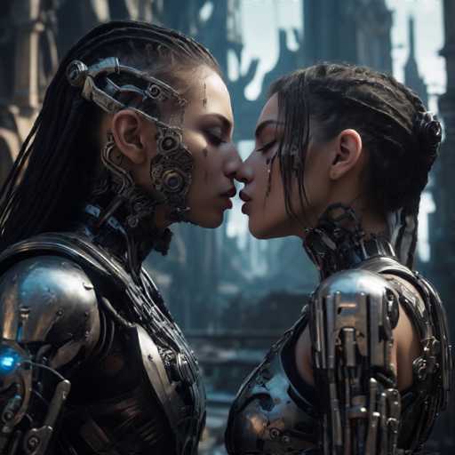 The image shows two women dressed in futuristic armor standing side by side and kissing passionately. The woman on the left is wearing a silver suit with intricate metalwork, while her companion on the right has a more streamlined design. They are positioned against a backdrop of a city skyline, which adds an urban element to their scene.