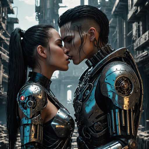 A couple dressed as robots stands in a cityscape with buildings and trees, kissing passionately on the street.