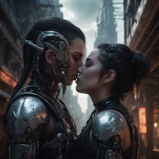 A couple dressed as robots stands on a city street at night, with the woman's face obscured by a mask and the man's face hidden behind a helmet. The scene is illuminated by orange lights from nearby buildings, creating an atmospheric glow that contrasts with the dark surroundings.