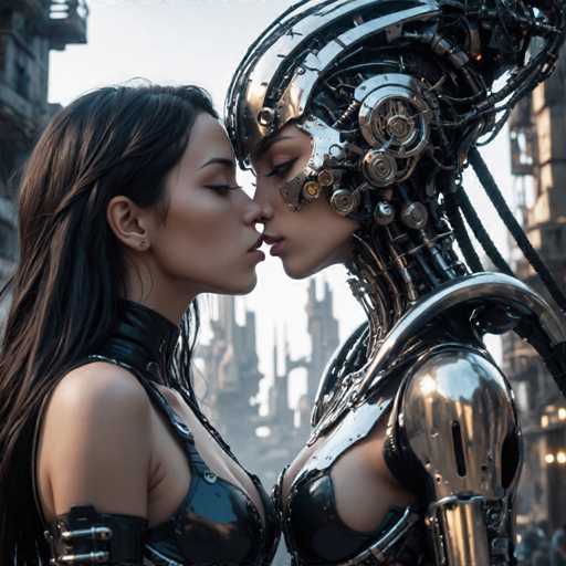 The image shows two women dressed in futuristic costumes with metallic armor and headpieces kissing each other on the lips. The woman on the left is wearing a black leather bodysuit with a silver helmet, while the woman on the right is wearing a silver metal suit with a helmet that has a large skull design.