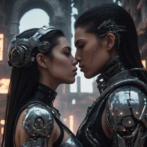 The image shows two women dressed in futuristic armor standing close together and kissing each other's lips. The woman on the left is wearing a silver helmet with a large headband, while the woman on the right has a silver suit with a large headband. They are positioned against an old building backdrop, which adds to the overall futuristic aesthetic of the scene.
