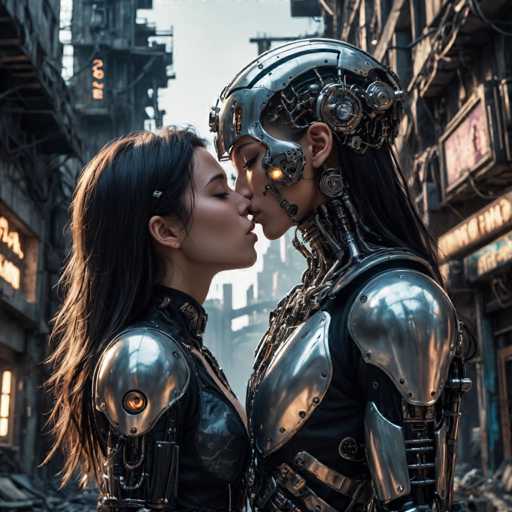 The image depicts two individuals dressed in futuristic armor and helmets, standing in a city street with buildings of varying heights and designs surrounding them. The person on the left is wearing a black helmet with a large camera attached to it, while the individual on the right has a silver helmet adorned with a large camera as well. 
The two people are engaged in an intimate moment, with their lips meeting in a kiss.
