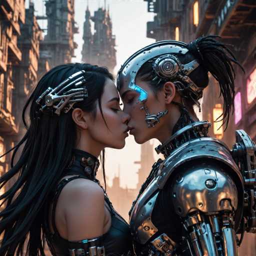 The image depicts two individuals dressed in futuristic metallic armor and headgear kissing passionately on a city street at sunset. The person on the left is wearing a black bodysuit with silver accents, while the individual on the right has a silver helmet with blue accents. They are standing close together, their bodies almost touching as they share this intimate moment. In the background, there are buildings and neon signs that add to the urban atmosphere of the scene.